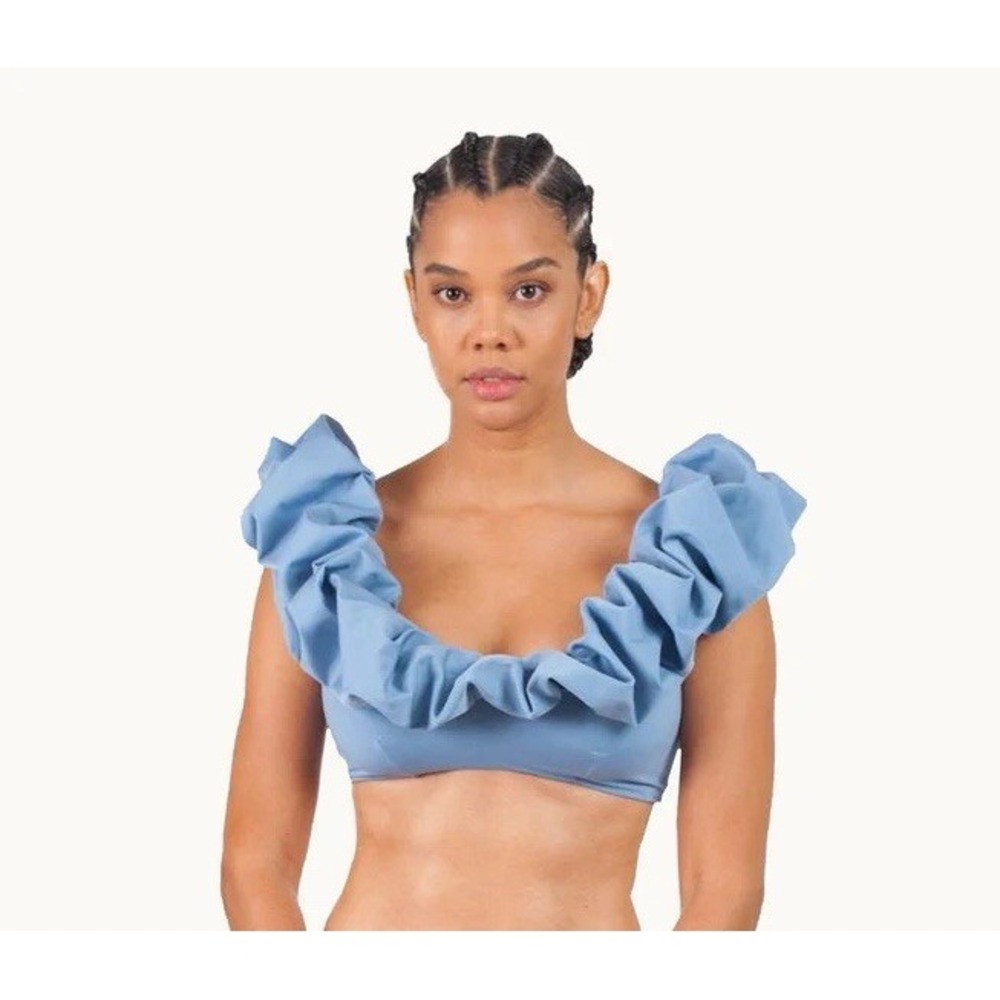 Maygel Coronel STEEL BLUE Ruffle Strap Bikini Top Tie Back  One Size Coquette